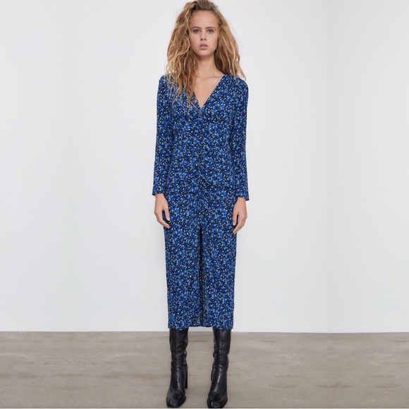 ZARA Floral V-Neck Front Slit Midi Dress - Picture 4 of 7